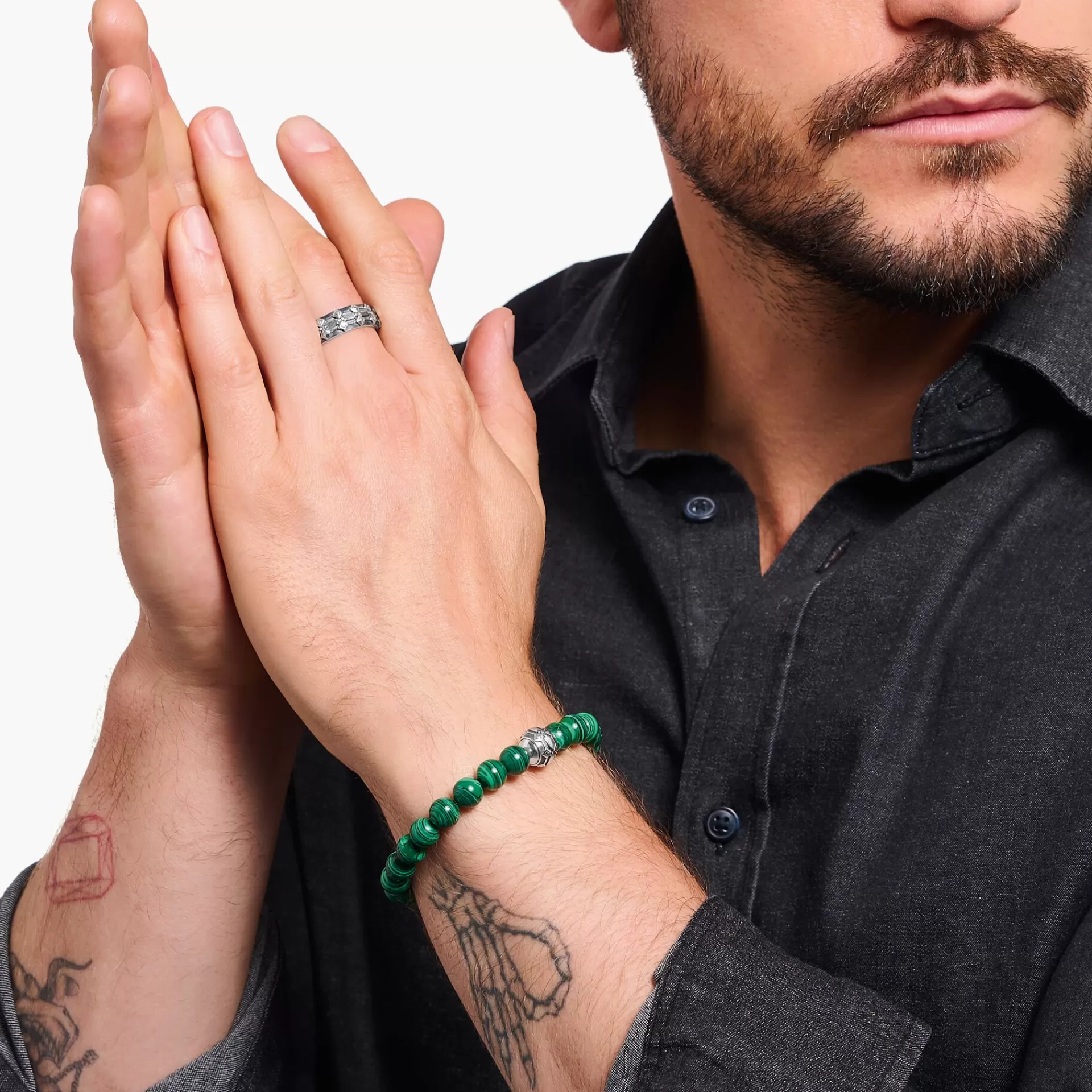THOMAS SABO Armband | Återvunnet 925 silver<ARMBAND AV IMITERAD MALAKIT MED P&AUML;RLA, SV&AUML;RTAT SILVER silverfargad, grön