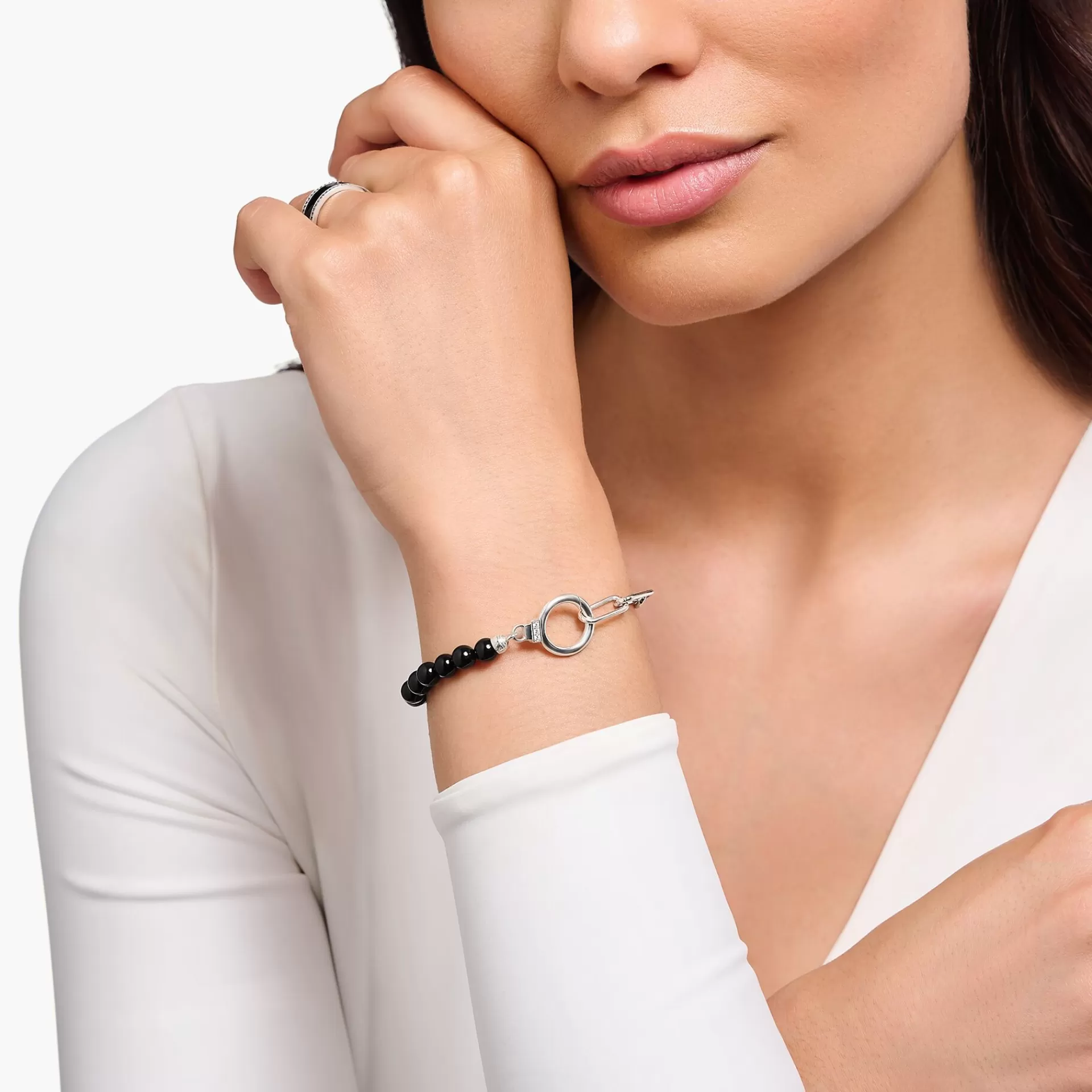 THOMAS SABO Armband | Återvunnet 925 silver<ARMBAND AV ONYXP&AUML;RLOR MED L&AUML;NKKEDJA I SILVER silverfargad, vit, svart