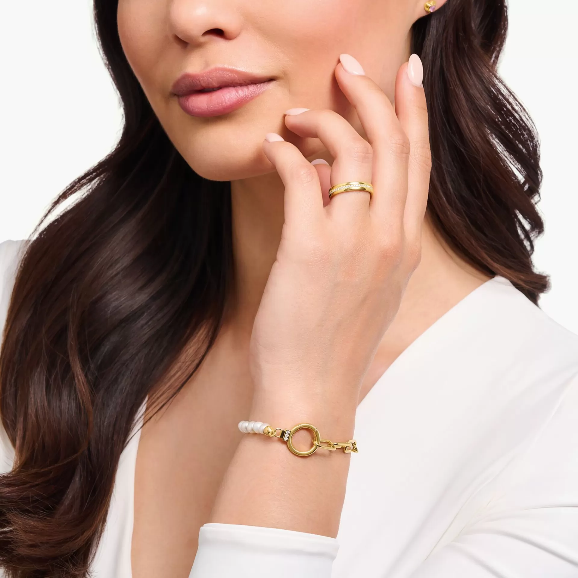 THOMAS SABO Armband | 18K plätering<ARMBAND AV P&AUML;RLOR MED GULDPL&AUML;TERADE L&AUML;NKAR gult guldfargad, vit