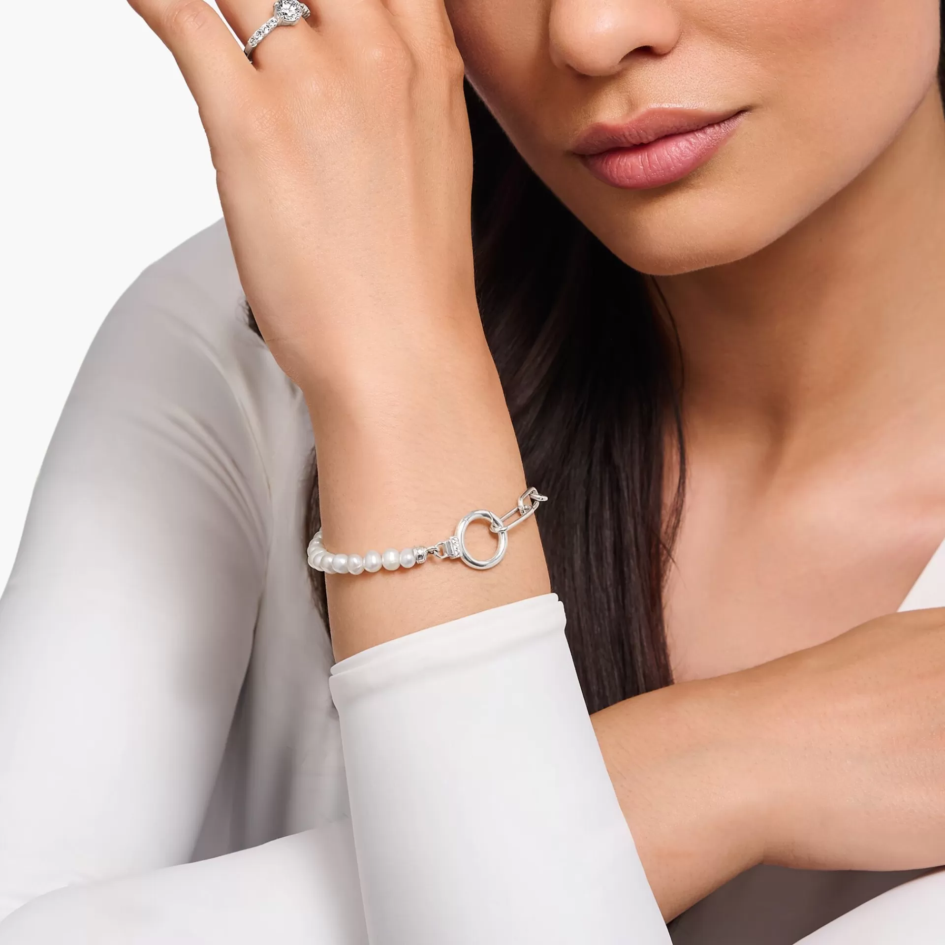 THOMAS SABO Armband | Återvunnet 925 silver<ARMBAND AV P&AUML;RLOR MED L&AUML;NKAR I SILVER silverfargad, vit