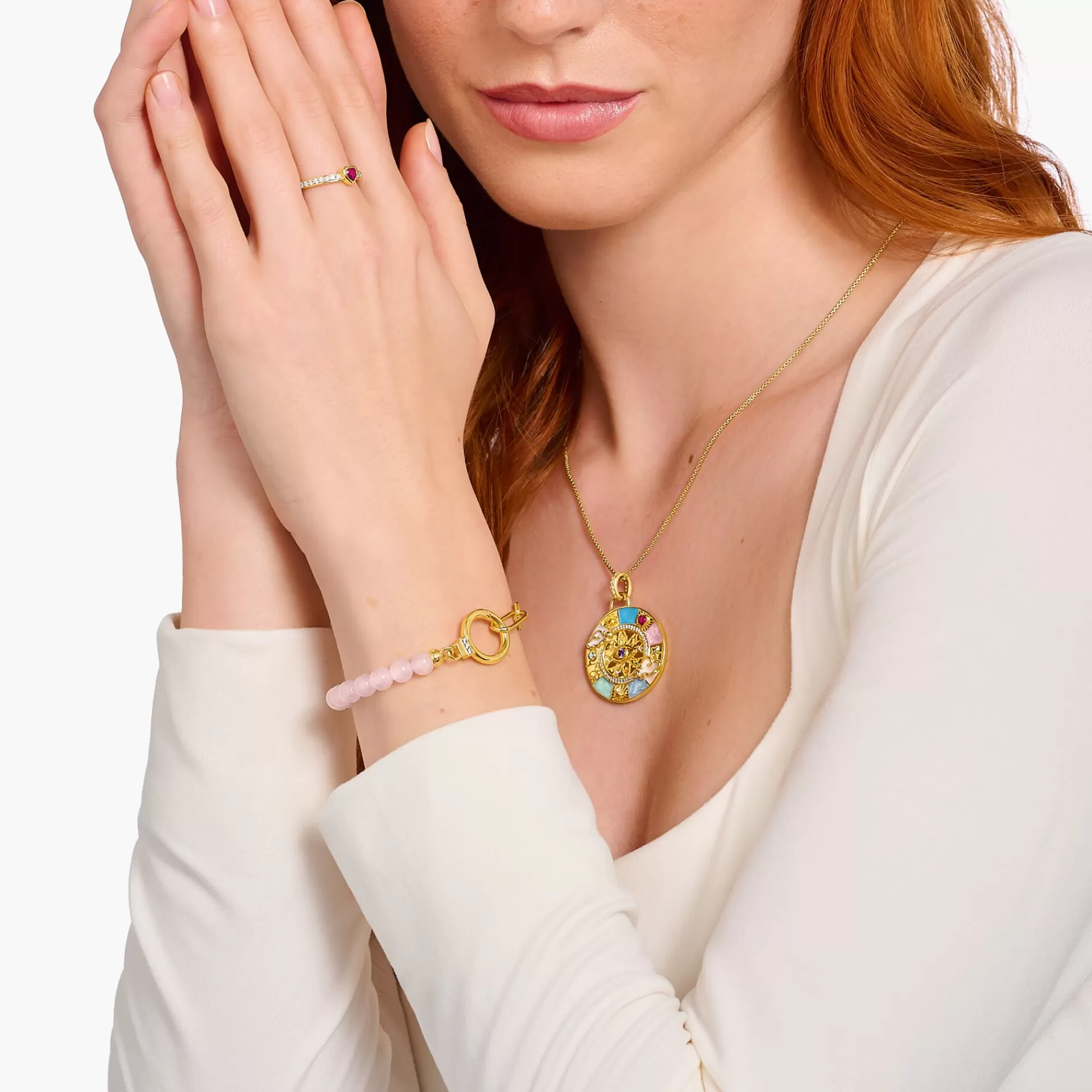 THOMAS SABO Armband | Halsband<ARMBAND MED ROSA P&AUML;RLOR OCH L&AUML;NKKEDJA - F&OUML;RGYLLT gult guldfargad, vit, rosa