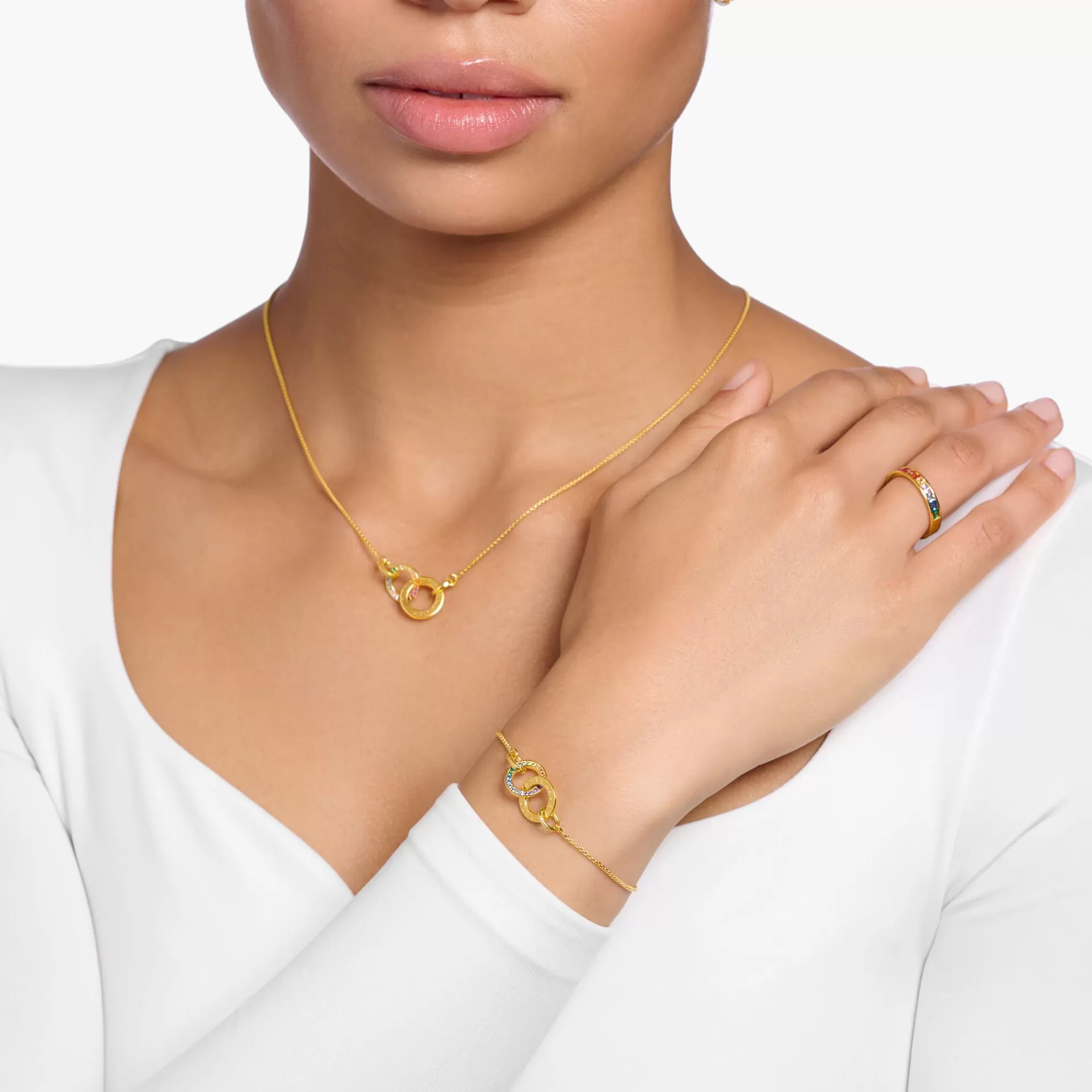 THOMAS SABO Armband | 18K plätering<F&OUML;RGYLLT ARMBAND TOGETHER MED TV&ARING; RINGAR MED F&AUML;RGGLADA STENAR gult guldfargad, grön, blå, ljusblå, röd, rosa, guld, orange, brun, violett, ljusgrön