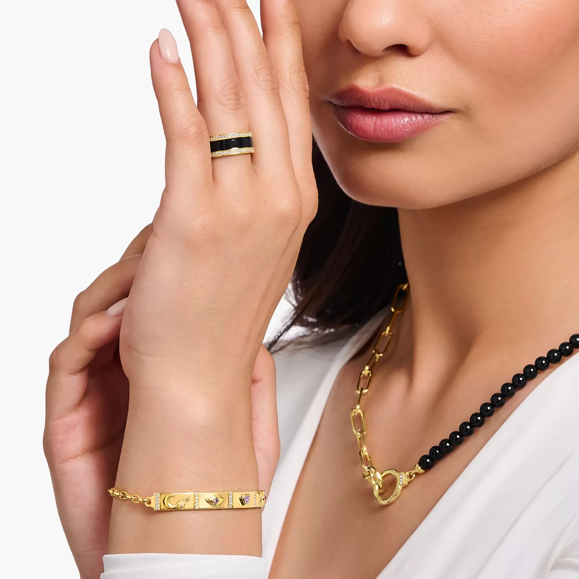 THOMAS SABO Ringar | 18K plätering<GULDPL&AUML;TERAD BANDRING MED SVART KALLEMALJ OCH ZIRKONIASTENAR gult guldfargad, vit, svart