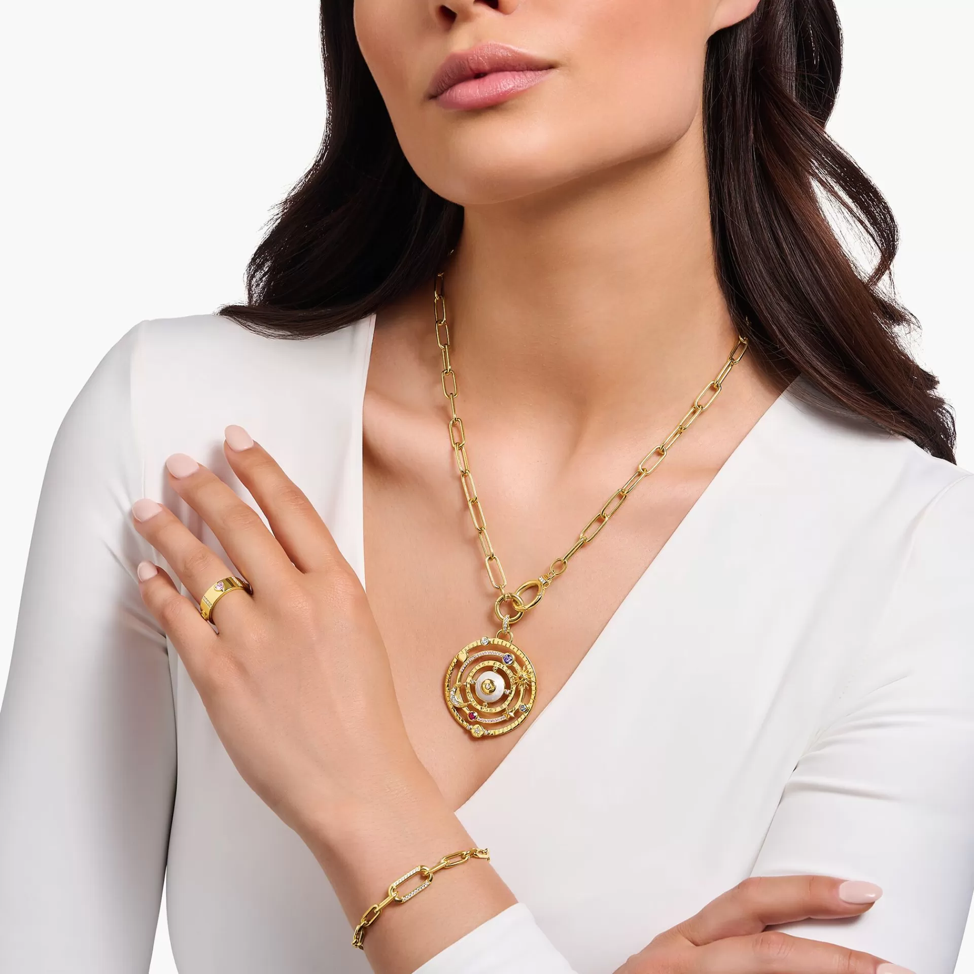 THOMAS SABO Halsband | 18K plätering<GULDPL&AUML;TERAT L&AUML;NKHALSBAND MED TV&ARING; RINGL&ARING;S OCH STENAR gult guldfargad, vit