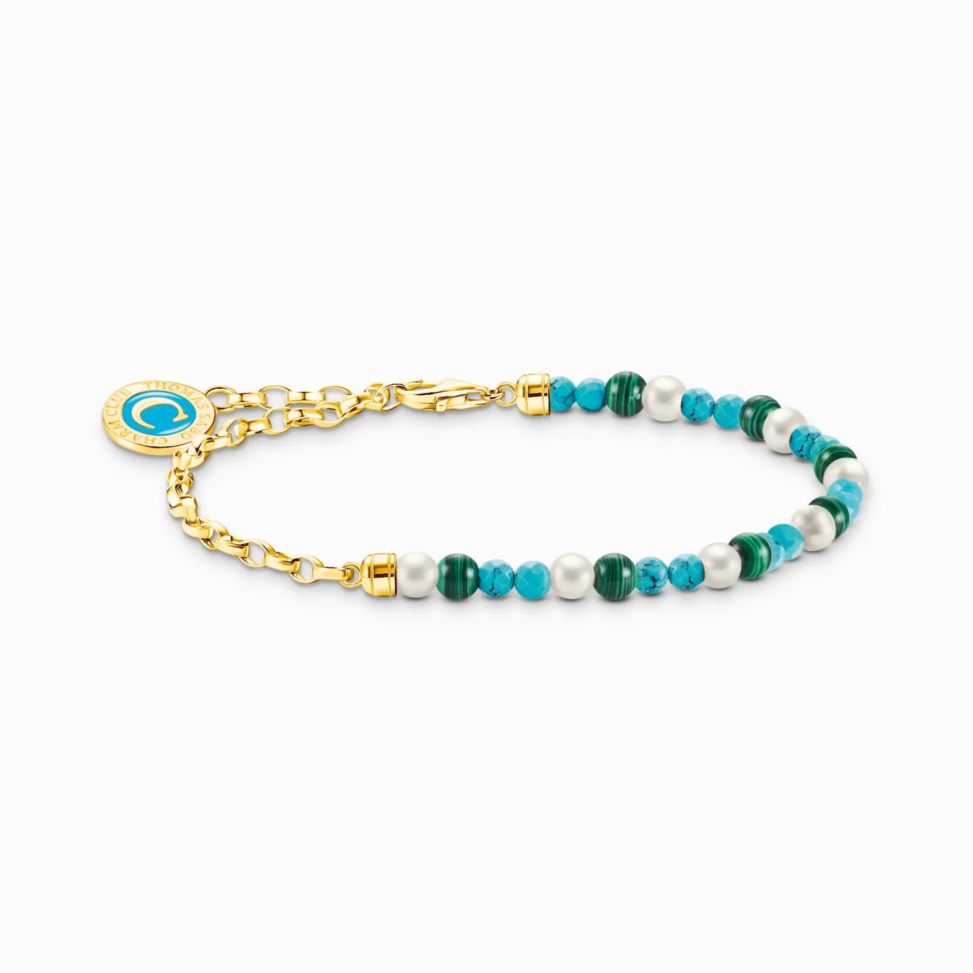 THOMAS SABO Charm Armband | Charm Armband<LEDAMOT CHARM-ARMBAND MED VIT P&AUML;RLOR, MALAKIT OCH CHARMISTA BRICKA GULDPL&AUML;TERAD gult guldfargad, silverfargad, grön, turkos, vit