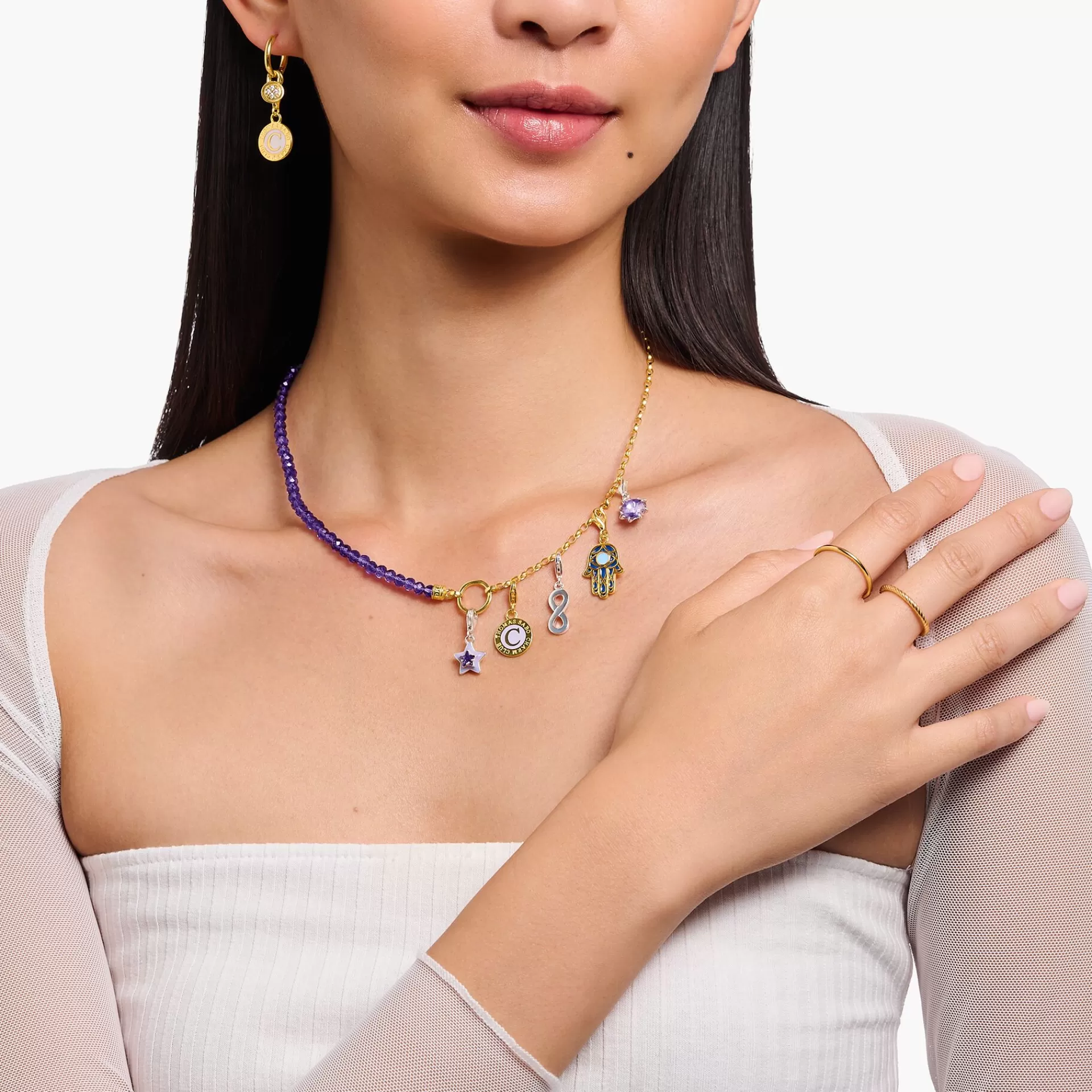 THOMAS SABO Charm Halskedjor | Charm Halskedjor<LEDAMOT CHARM-HALSBAND MED L&AUML;NKAR OCH IMITERAD AMETIST PL&AUML;TERAT gult guldfargad, violett