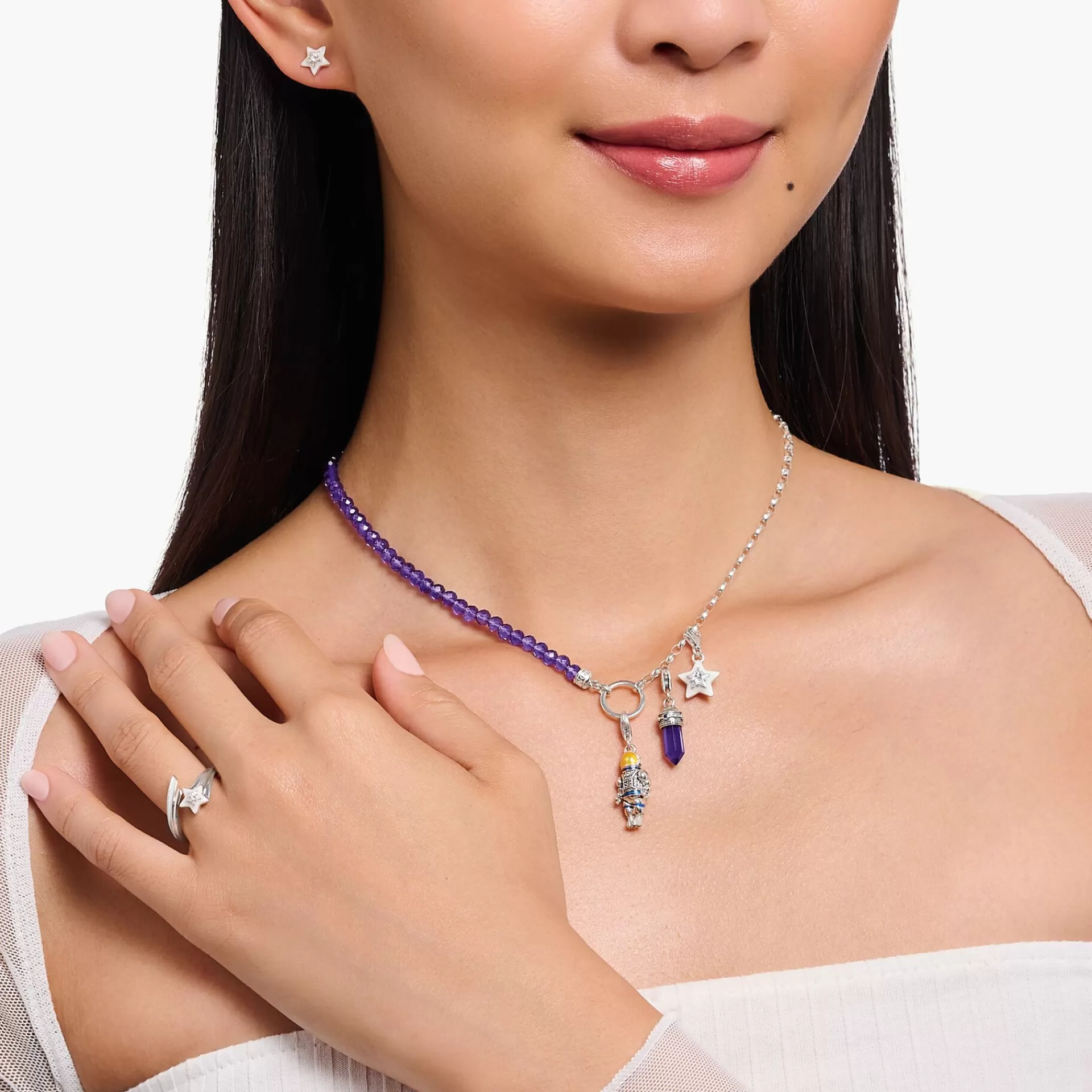 THOMAS SABO Charm Halskedjor | Charm Halskedjor<LEDAMOT CHARM-HALSBAND MED L&AUML;NKAR OCH IMITERAD AMETIST SILVER silverfargad, violett