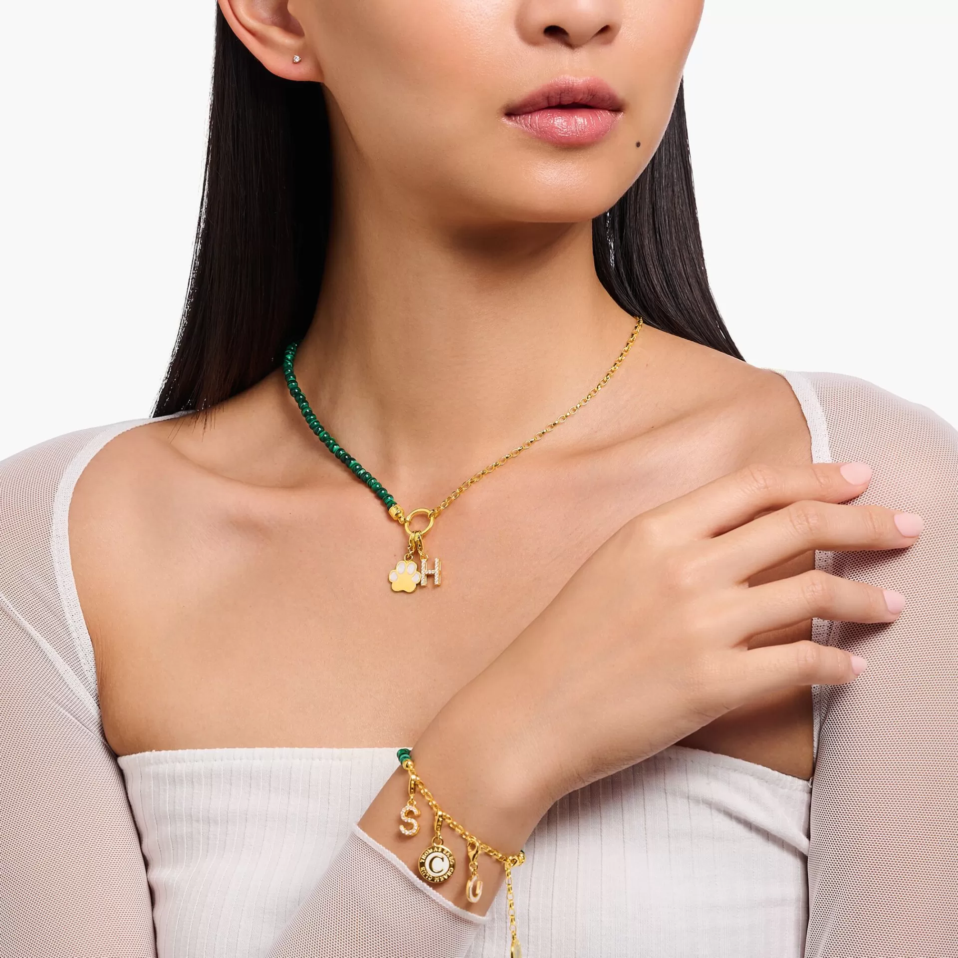 THOMAS SABO Charm Halskedjor | Charm Halskedjor<LEDAMOT CHARM-HALSBAND MED L&AUML;NKAR OCH IMITERAD MALAKIT GULDPL&AUML;TERAD gult guldfargad, grön