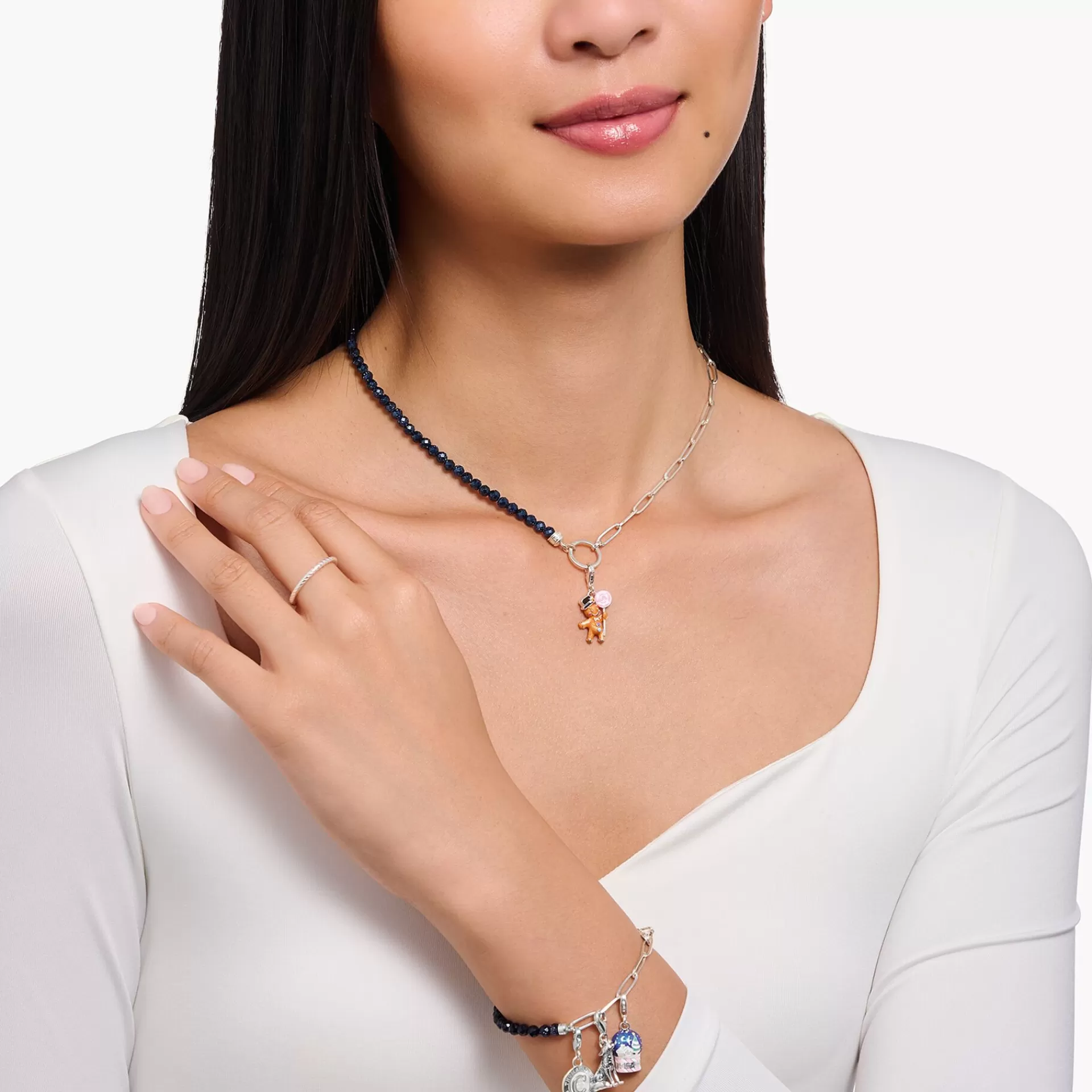 THOMAS SABO Charm Halskedjor | Charm Halskedjor<LEDAMOT CHARM-HALSBAND MED M&OUML;RKBL&ARING; P&AUML;RLOR OCH CHARMISTA COIN, SILVER silverfargad, mörkblå