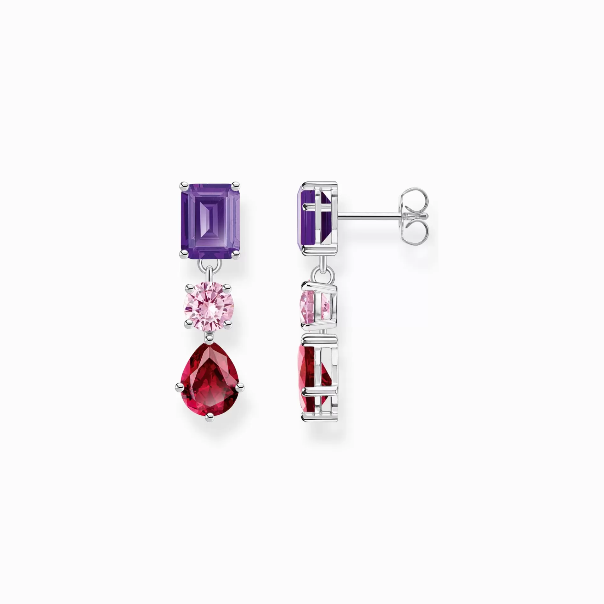 THOMAS SABO Örhängen | Återvunnet 925 silver<&OUML;RH&AUML;NGEN I SILVER MED TRE STENAR I ROSA, R&OUML;TT OCH LILA silverfargad, violett, röd, rosa