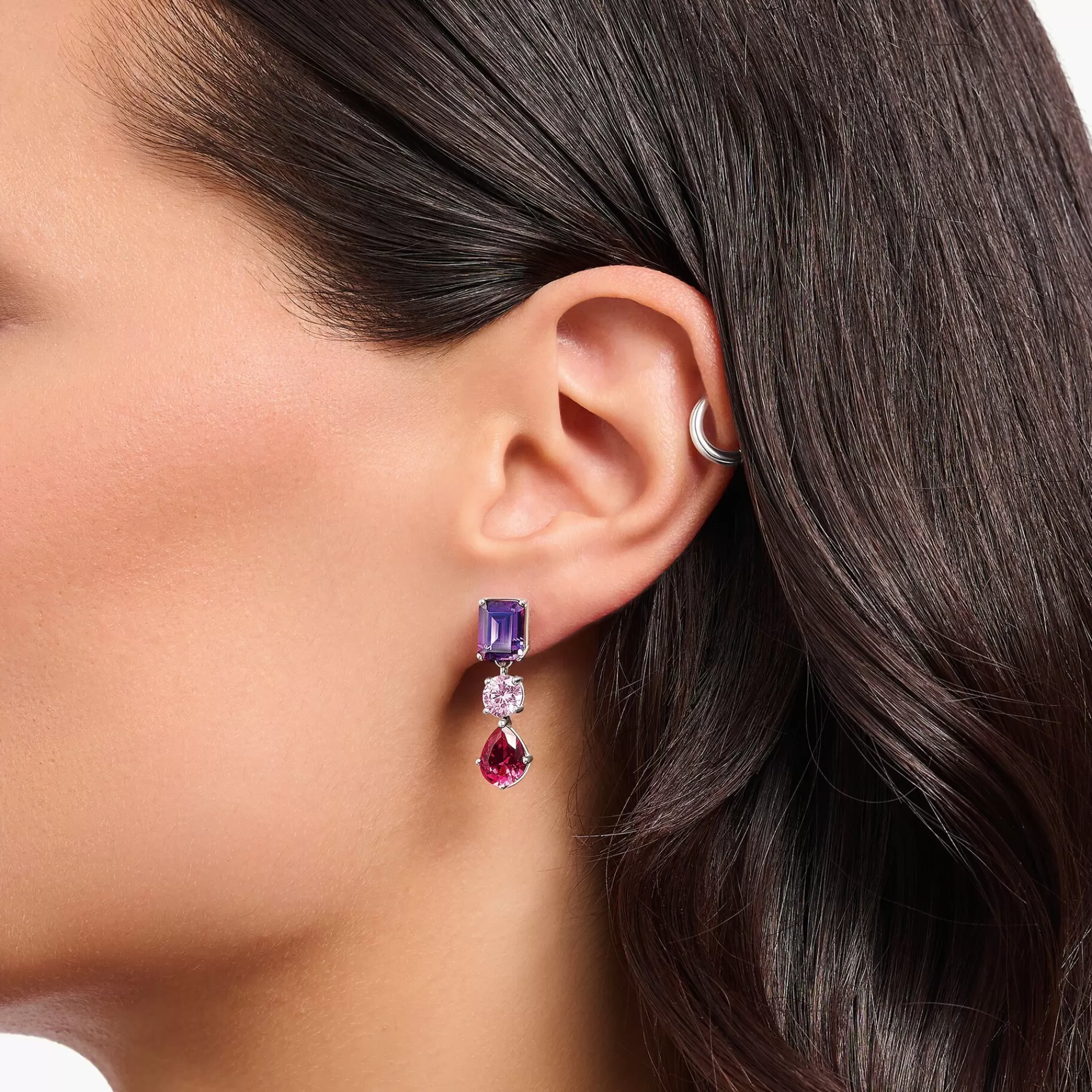 THOMAS SABO Örhängen | Återvunnet 925 silver<&OUML;RH&AUML;NGEN I SILVER MED TRE STENAR I ROSA, R&OUML;TT OCH LILA silverfargad, violett, röd, rosa
