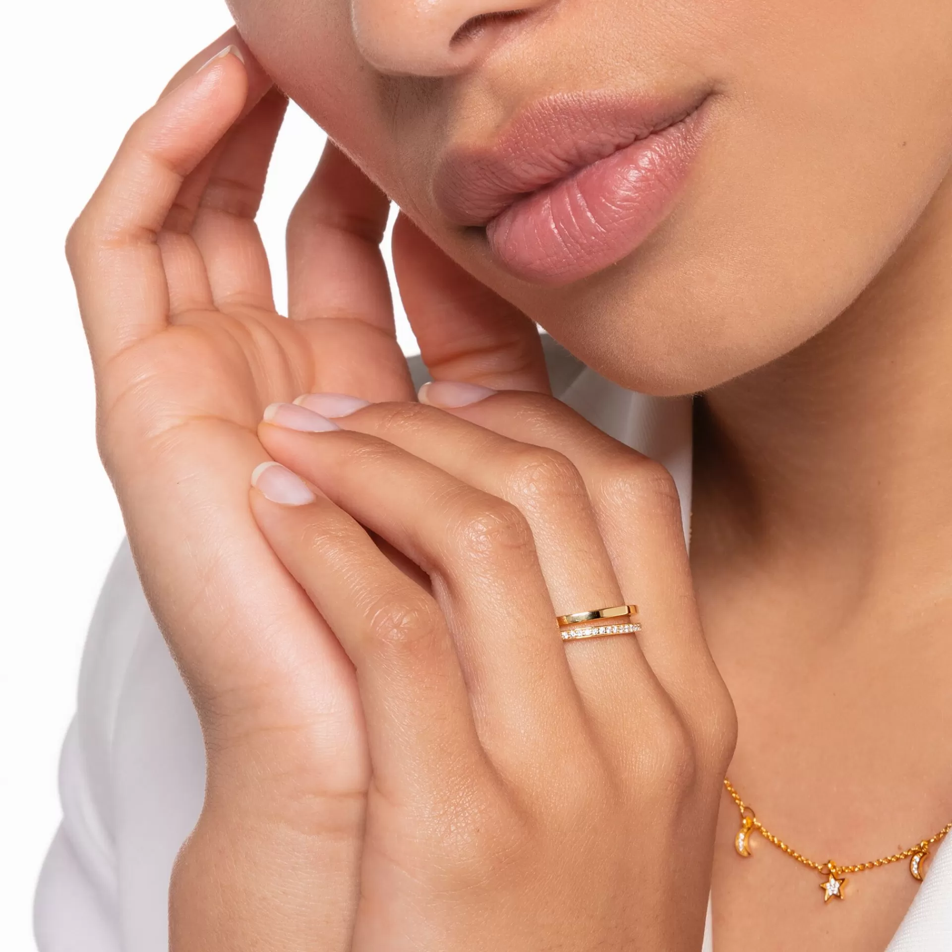 THOMAS SABO Ringar | 18K plätering<RING DUBBELT GULD MED VITA STENAR vit, gult guldfargad