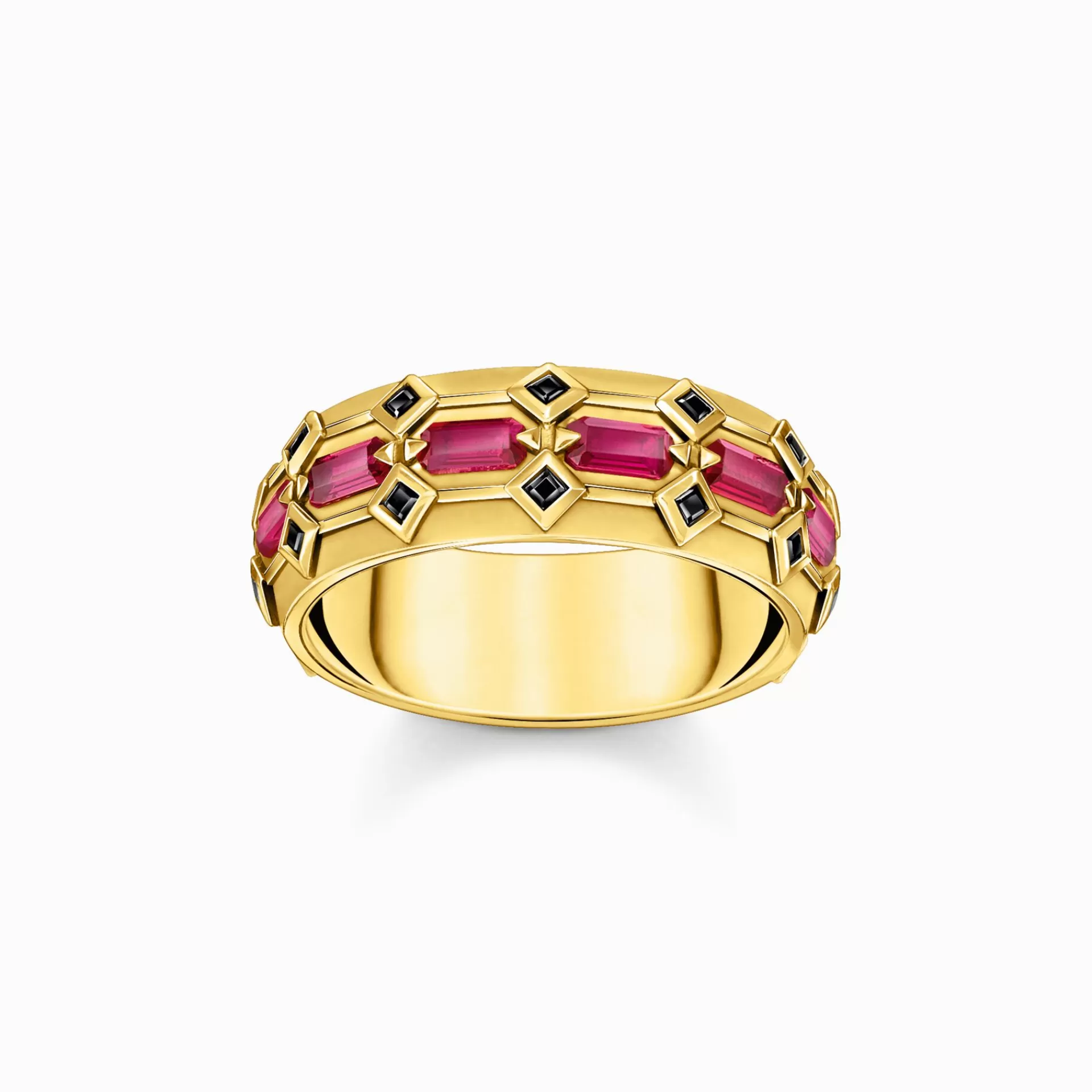 THOMAS SABO Ringar | 18K plätering<RING, KROKODILFJ&AUML;LL, BRED, MED R&OUML;DA STENAR, PL&AUML;TERAD gult guldfargad, svart,
