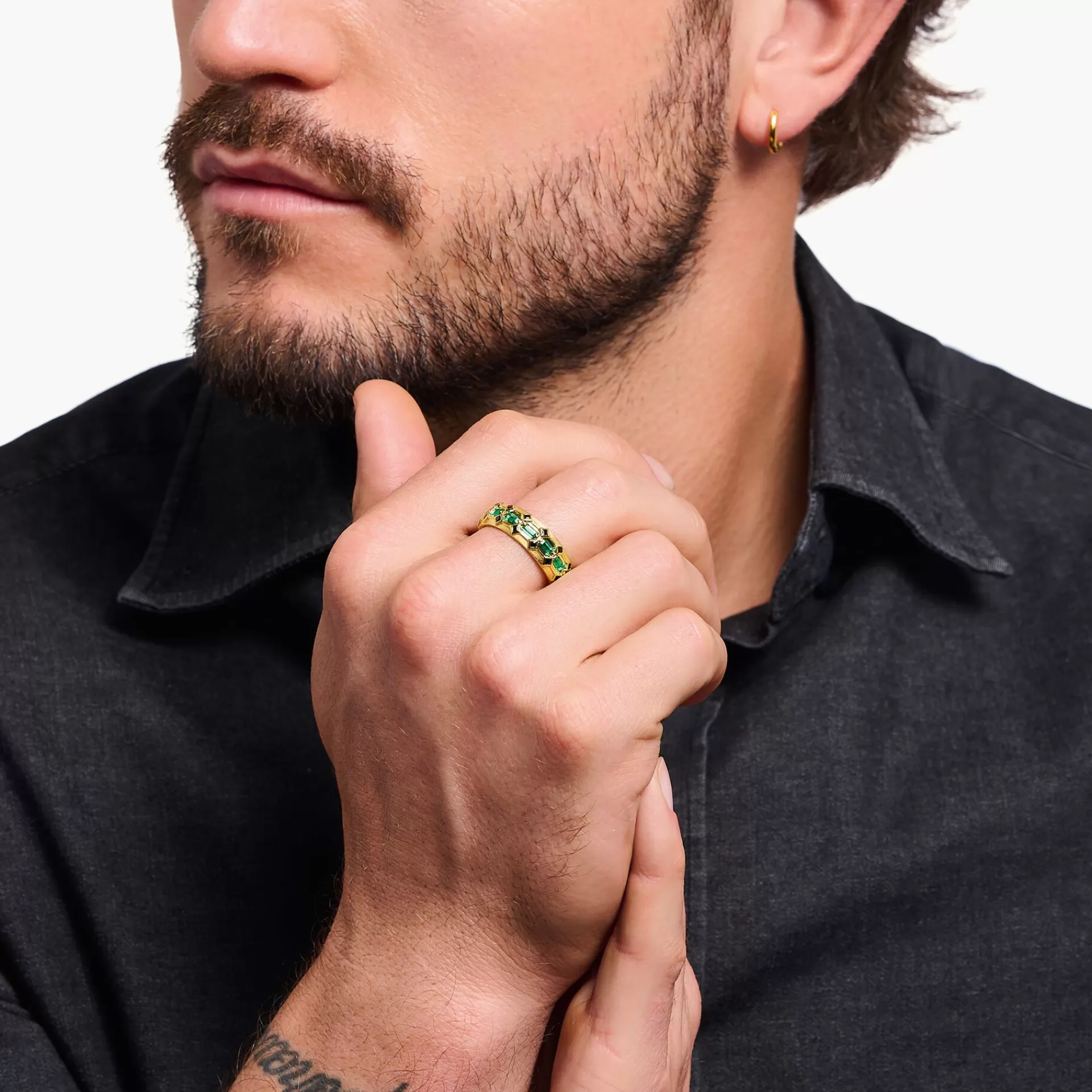 THOMAS SABO Ringar | 18K plätering<RING, KROKODILFJ&AUML;LL, BRED, MED SMARAGDGR&OUML;NA STENAR, PL&AUML;TERAD gult guldfargad, svart, grön