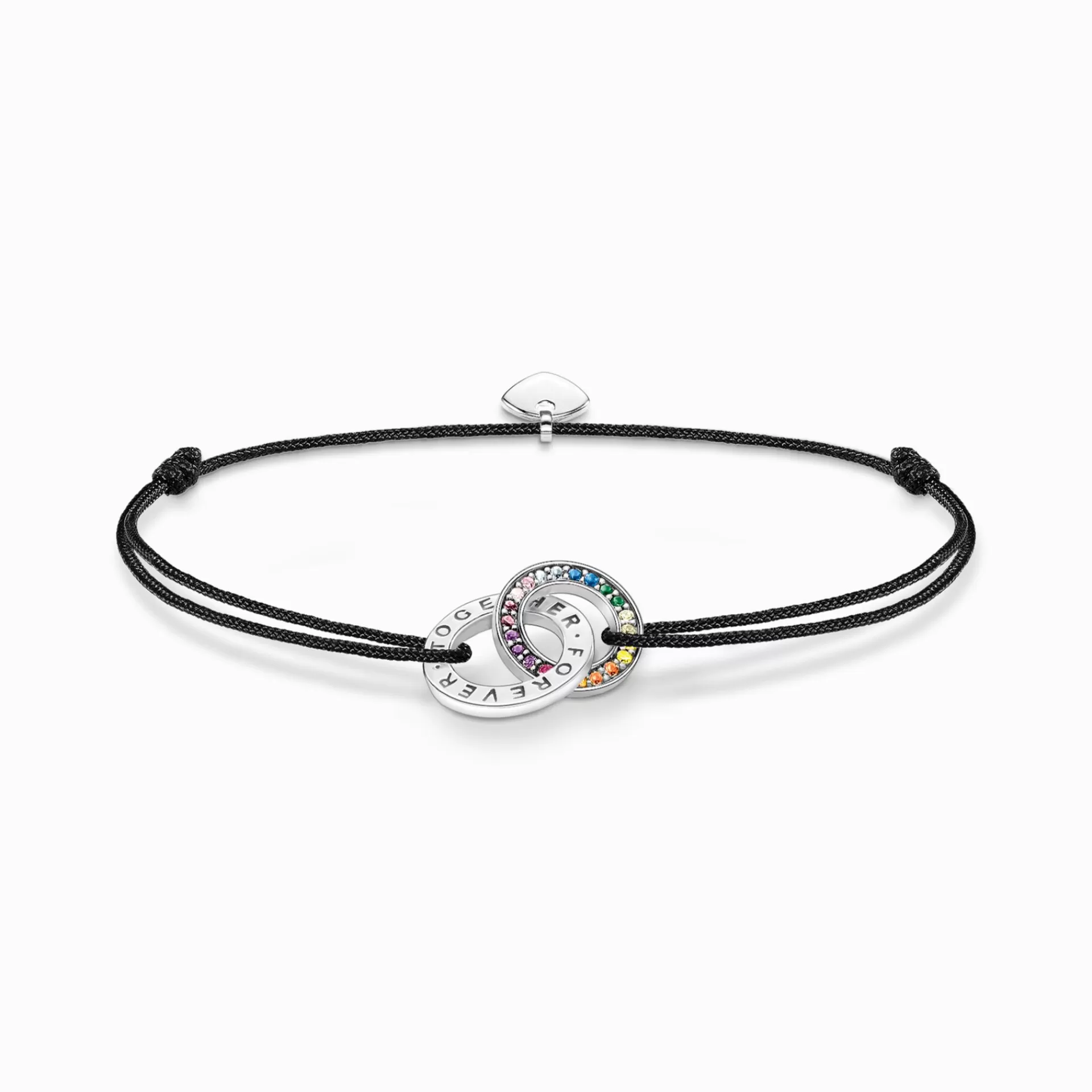 THOMAS SABO Armband | Återvunnet 925 silver<SVART TEXTILARMBAND MED TV&ARING; RINGAR I SV&AUML;RTAT SILVER OCH F&AUML;RGGLADA STENAR silverfargad, grön, blå, ljusblå, röd, rosa, guld, orange, brun, violett, ljusgrön