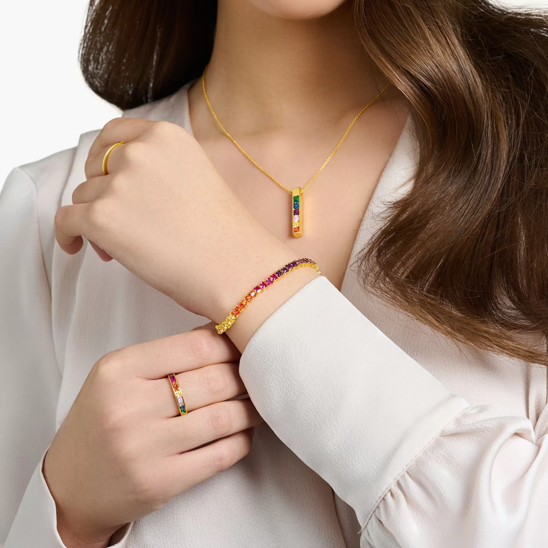 THOMAS SABO Armband | 18K plätering<TENNISARMBAND MED F&AUML;RGGLAD STENAR GULDPL&AUML;TERAD gult guldfargad, grön, ljusblå, violett, rosa, guld, orange, ljusgrön, mörkblå, vit